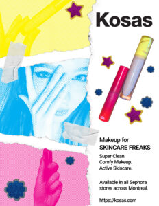 A magazine back cover featuring a bright and fun advertisement for makeup brand Kosas.