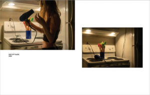 A spread from my photobook including warm-toned photos taken in a kitchen.